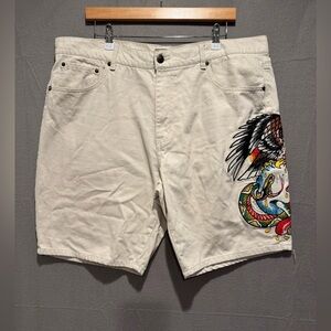 Ed Hardy cream Jean Shorts with Colorful Embroidery